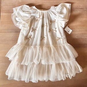 Audrey Camille Girl’s Gold Bow Mesh Tutu Dress Ivory + Glitter, Sz 4T, NWT